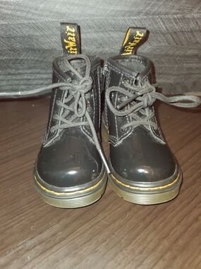 Dr. Martens Black Patent Kids Lace-Up Boots with Yellow Stitching